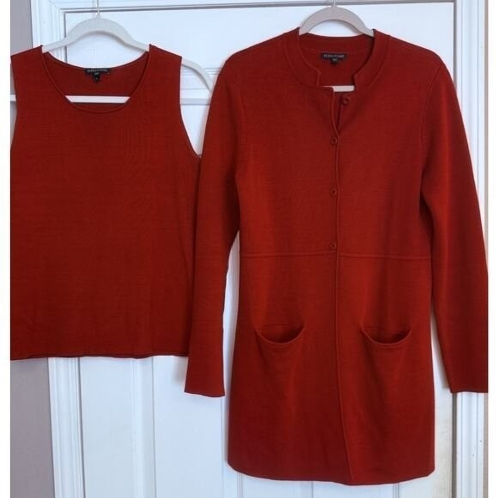 Eileen Fisher Sweater Set Brick Red Tank & Long Cardigan Silk Cotton Career S